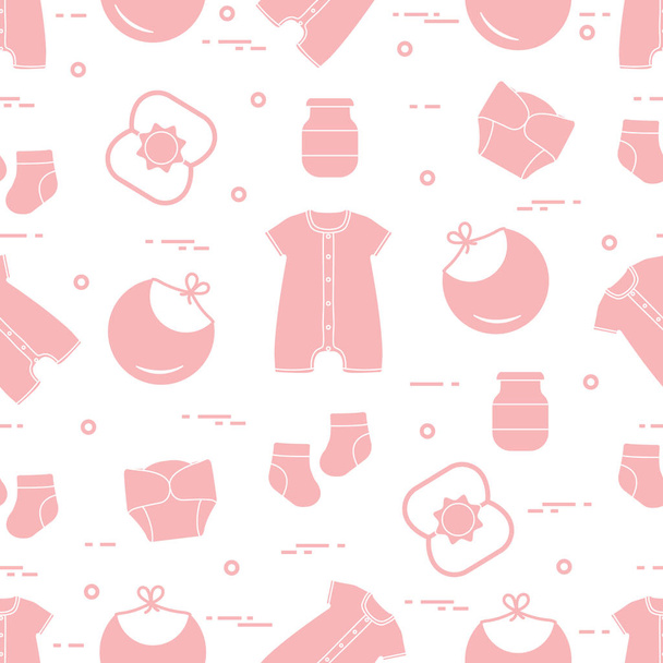 Seamless pattern with goods for babies. Newborn baby background. Bib, baby food can, rattle, socks, diapers, bodysuit. - Вектор, зображення