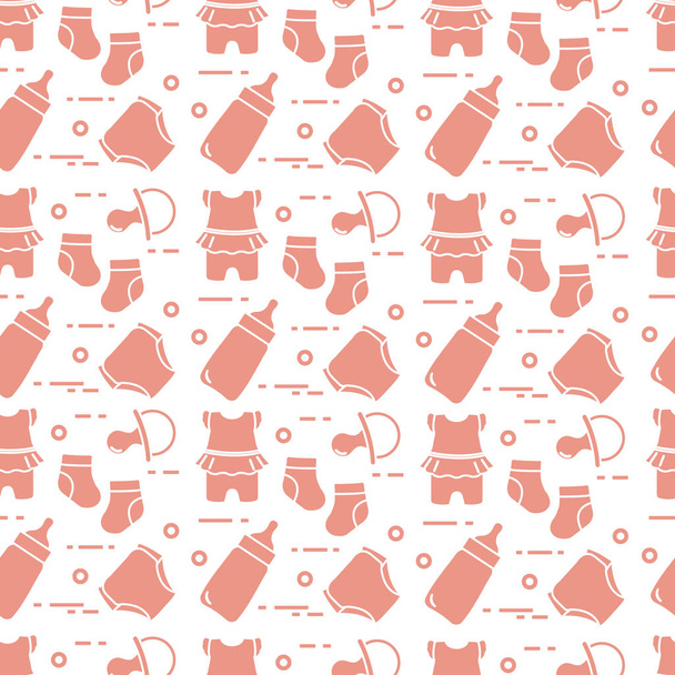 Seamless pattern with goods for babies. Newborn baby background. Baby bottle, nipple, socks, diapers, bodysuit. - Vector, afbeelding