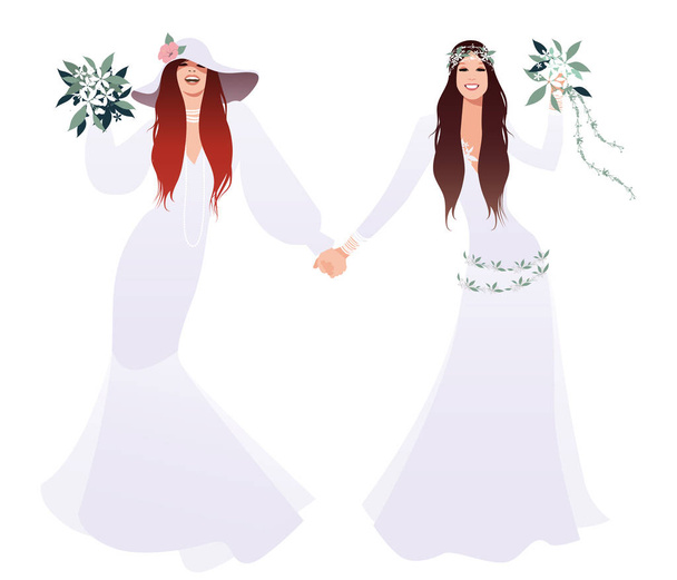 Queer Wedding. Couple of newly married lesbian brides. Beautiful women wearing hippy or boho chic style bridal gowns. LGBTQ Rights. - Vector, Image