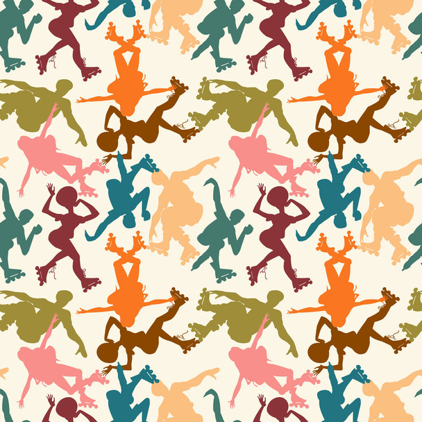 Seamless pattern with silhouettes of young people on roller skates isolated on background. Vector flat illustration. Wrap for sport goods, wallpaper in shop of rollers, focused on extreme athletes. - Vektor, obrázek