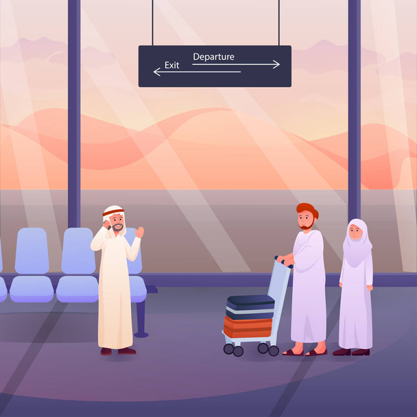 llustration dva muslimové po Hadždž či Umra poutníků na letišti Vector Cartoon - Vektor, obrázek