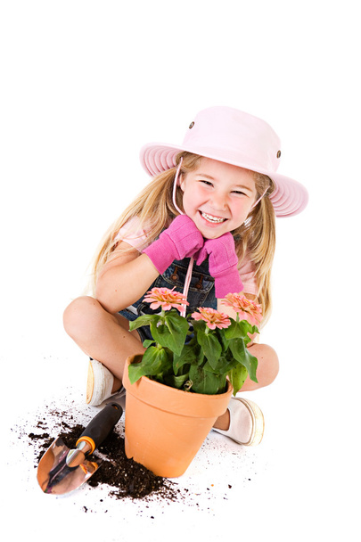 Gardener: Happy Girl With Potted Flower - Φωτογραφία, εικόνα