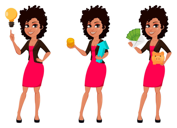Young African American business woman in casual clothes, set of three poses. Cartoon character businesswoman with a good idea, with bitcoins and with money. Vector illustration - Vector, Image
