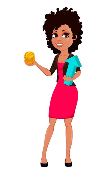 Joven mujer de negocios afroamericana con ropa casual. Atractiva empresaria personaje de dibujos animados con bitcoins y flecha azul. Ilustración vectorial
 - Vector, Imagen