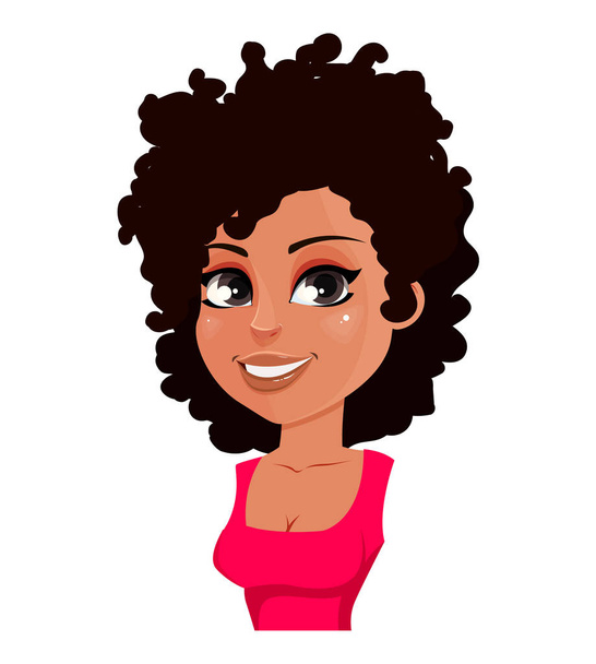 Expressão de cara de mulher afro-americana em blusa vermelha, sorrindo. Emoção feminina. Bonito personagem de desenho animado. Ilustração vetorial isolada sobre fundo branco
. - Vetor, Imagem