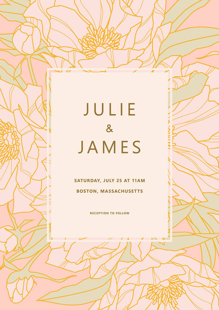 Vintage Hochzeit einladen Vorlage mit floralem Hintergrund von Blumen Peons, mit Gold verzierten Banner. Vektor-Einladung - Vektor, Bild