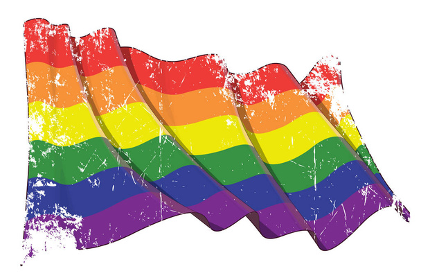 Vector textured grunge illustration of a Gay Pride Parade waving flag. All element neatly on well-defined layers and groups.  Easy to edit colors via Global Color - Vector, Image