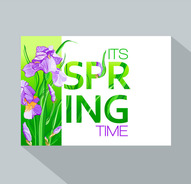 Its spring time background with Irises flowers. Spring placard, poster, flyer, banner invitation card. - Vetor, Imagem