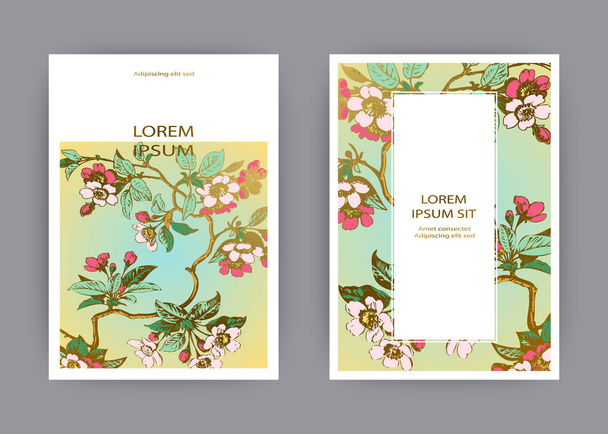 植物結婚式招待状カード テンプレート デザイン、手描き桜の花し、緑金の背景、レトロなスタイル パステル カラー ベクトル図のビンテージ農村桜の枝、葉 - ベクター画像