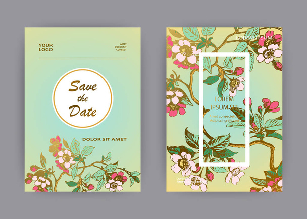 Βοτανικός σχεδιασμός προσκλητηρίου γάμου, χειροποίητα λουλούδια και φύλλα σακούρα σε κλαδιά, vintage άνθη κερασιάς σε φόντο πράσινου χρυσού κύκλου, ρετρό παστέλ εικονογράφηση φορέα χρώματος - Διάνυσμα, εικόνα