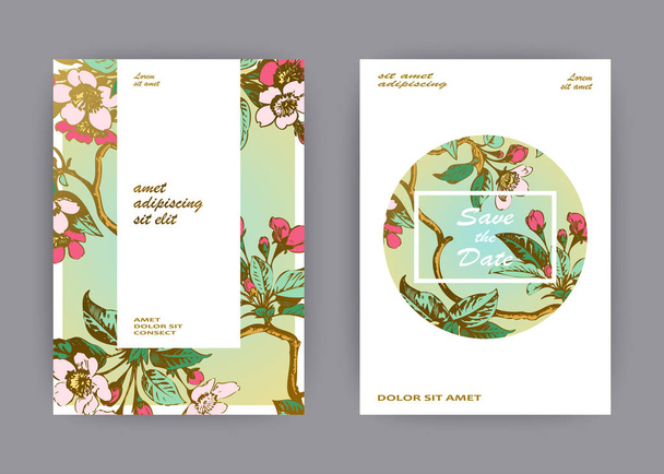 Ботанический дизайн пригласительного билета на свадьбу, нарисованные вручную цветы и листья сакуры на ветвях, старинный цветок вишни на фоне зеленого золотого круга, векторная иллюстрация цвета ретро-пастели
 - Вектор,изображение