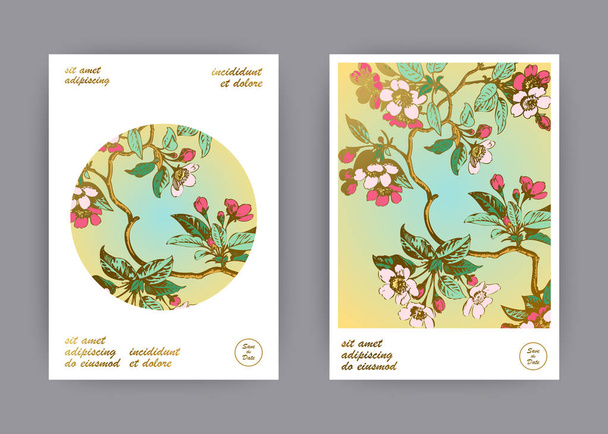 Botanische Hochzeitseinladungskarte Vorlage Design, handgezeichnete Sakura Blumen und Blätter auf Zweigen, Vintage ländlichen Kirschblüte auf grünem Gold Kreis Hintergrund, Retro Pastell Farbvektor Illustration - Vektor, Bild