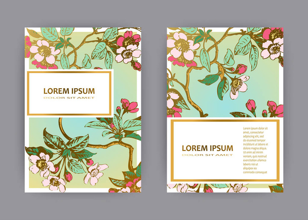 Βοτανική γάμος πρόσκληση κάρτα πρότυπο σχεδιασμού, sakura χέρι λουλούδια και τα φύλλα στα κλαδιά, εκλεκτής ποιότητας αγροτικών κεράσι ανθίσει σε πράσινο χρυσό φόντο, εικονογράφηση διάνυσμα παστέλ χρώμα ρετρό στυλ - Διάνυσμα, εικόνα