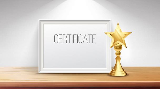 Certifikát Diploma zlatý pohár vektoru. Tiskněte prázdné. Obchodní promoce. Rámeček a4. Informační stánek. 3D realistické ilustrace - Vektor, obrázek