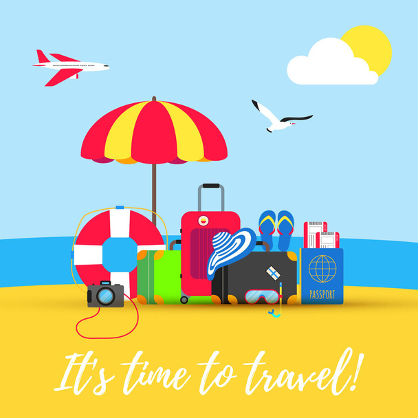 Χρόνο να ταξιδέψει το καλοκαίρι παραλία διακοπές διακοπές αφίσας ή πανό επίπεδη στυλ σχεδιαστική εικονογράφηση διάνυσμα απομονωμένες θαλασσινό background. Κείμενο, αεροπλάνο, σαγιονάρες, αποσκευών βαλίτσα, pasport, εισιτήρια σημάδια. - Διάνυσμα, εικόνα