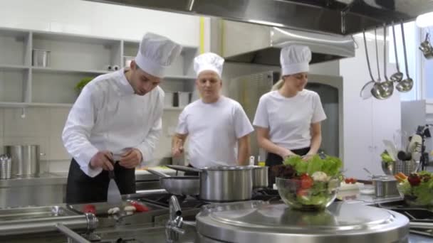 Happy kitchen załogi z szefa kuchni, śpiew i taniec podczas gotowania - Materiał filmowy, wideo