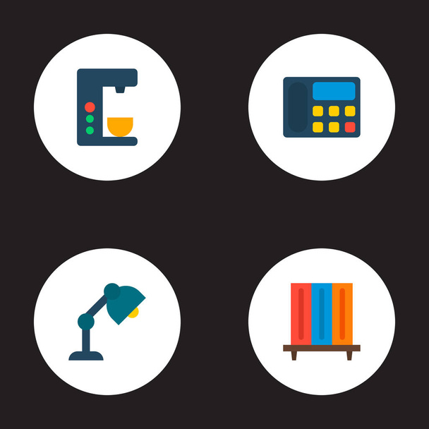 Conjunto de iconos de espacio de trabajo símbolos de estilo plano con lámpara de mesa, estantería, cafetera y otros iconos para el diseño del logotipo de su aplicación móvil web
. - Foto, imagen