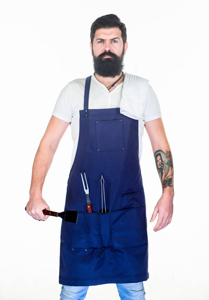 Picnic and barbecue. How choose meat for steak. Professional barbecue utensil. Bearded hipster wear apron for barbecue. Roasting and grilling food. Tips cooking meat. Tools for roasting meat outdoors - Fotoğraf, Görsel
