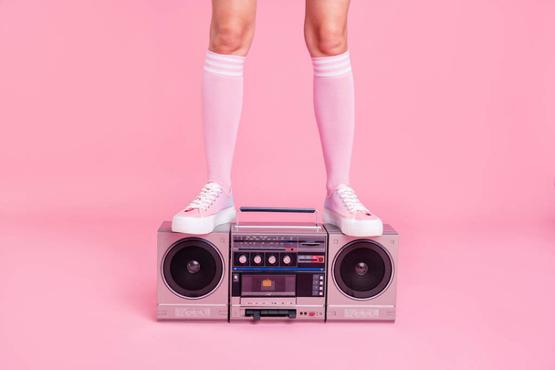 Cropped close up photo skinny perfect ideal she her lady legs standing on boom box play fitness coach happy glad see new members of fit life team soundtrack turned on isolated pink rose background - Foto, Bild