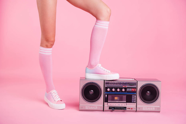 Cropped close up photo skinny perfect ideal she her lady legs standing on boom box play on fitness training happy glad be in fit soundtrack turned on isolated pink rose background - Fotó, kép