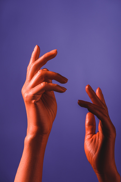 cropped view of coral colored female hands on violet background, color of 2019 concept - Foto, Imagem