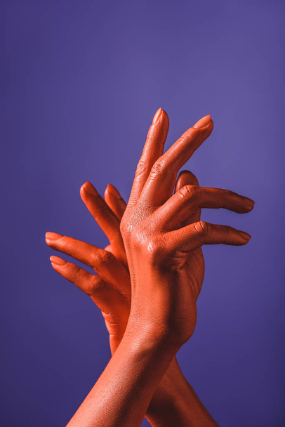 2019 コンセプトの色、紫色の背景にサンゴ色の手と女性の部分のビュー - 写真・画像