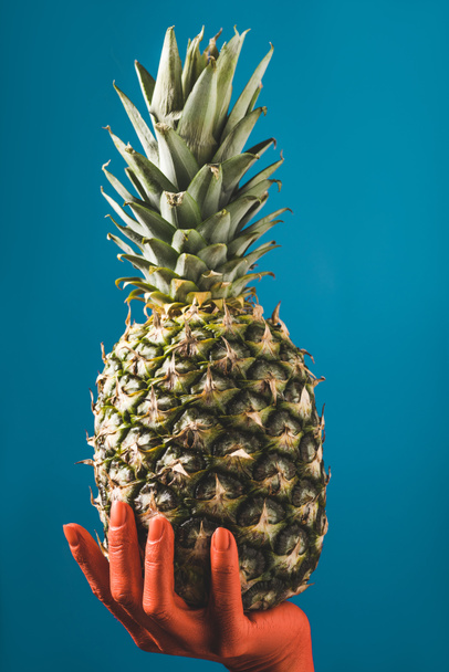 partial view of color colored female hand holding ripe pineapple fruit on blue background, color of 2019 concept - Fotografie, Obrázek