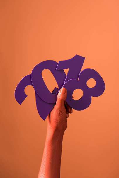 partial view of coral colored female hands with violet paper cut 2018 numbers on coral background, color of 2019 concept - Photo, Image