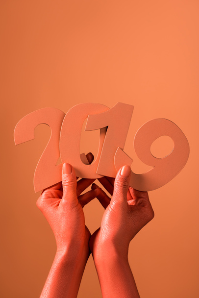 partial view of coral colored female hands with paper cut 2019 numbers on coral background, color of 2019 concept - Photo, Image