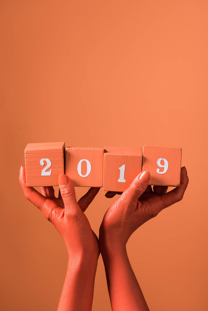 coral wooden cubes with 2019 numbers in female hands on coral background, color of 2019 concept - Photo, Image