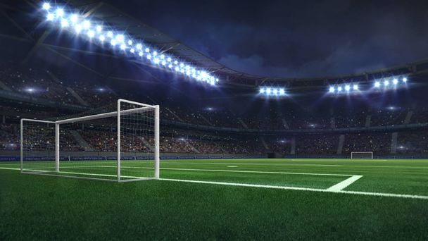 modern football stadium illuminated by spotlights and empty green grass, football stadium sport theme digital 3D background advertisement illustration my own design - Photo, Image