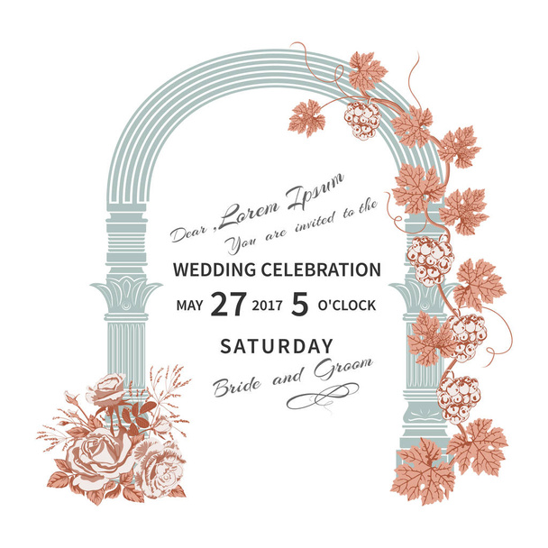Приглашение на свадьбу с цветами розы и винтажной архитектурной аркой, сплетенной с виноградной лозой
. - Вектор,изображение