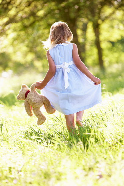 Jeune fille marchant à travers le champ d'été portant ours en peluche
 - Photo, image