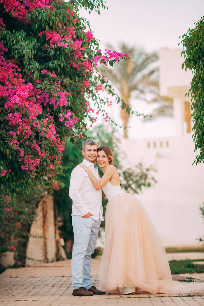 幸せな新婚夫婦はエジプトで新婚旅行中に咲く木や花の間で歩く. - 写真・画像