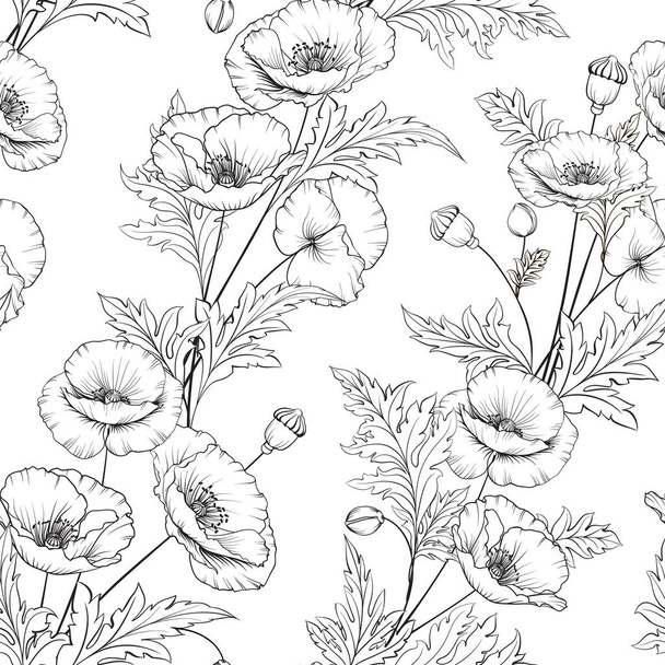 Pattern of poppy flowers on a white background. - Vektör, Görsel