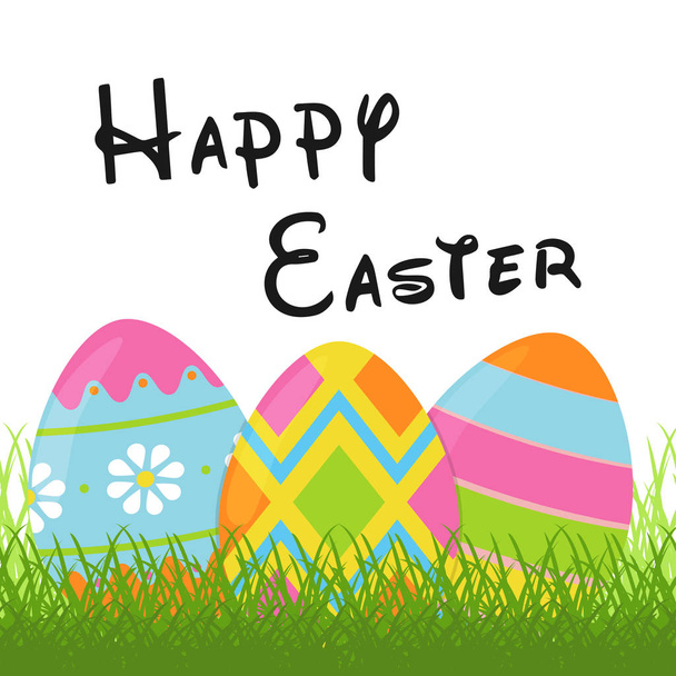 Easter design element for greeting card with colorful Easter eggs on green grass. Template for Easter banner design. Isolated on white. Vector. - Vector, Image