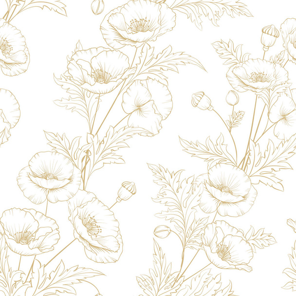 Patrón de flores de amapola dorada sobre un fondo blanco
. - Vector, Imagen