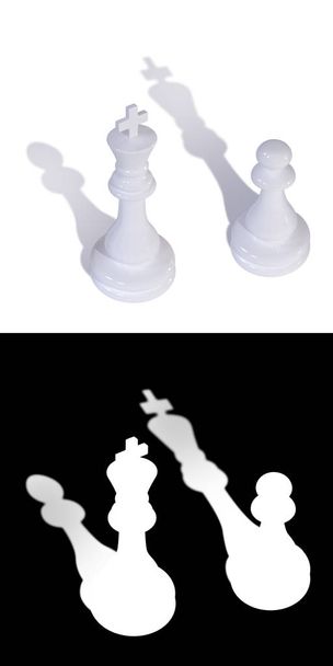 3D illustration of two chess pieces of a king and a pawn with inverted shadows. A mask is also attached to the illustration to quickly and easily select chess pieces with it shadows if needed. - Photo, Image