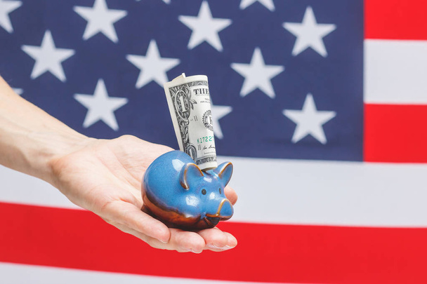 Main avec dollar américain et tirelire, sur le fond du drapeau national
 - Photo, image