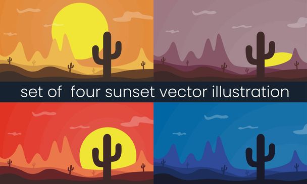 Conjunto de cuatro ilustración de vectores de paisaje del desierto. Montaña, sol y cactus
. - Vector, Imagen