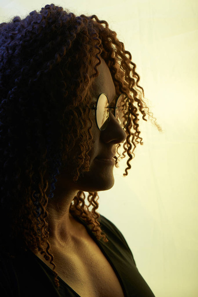 Art portrait of an authentic adult woman with afro curls. Silhouette of an unusual stylish woman with red hair in glasses - Zdjęcie, obraz