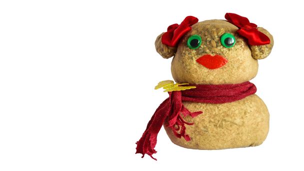 lustige handgemachte Puppe aus Strümpfen, die mit Holzspänen und Weizensamen gefüllt sind, die als Kopfhaar sprießen - Foto, Bild