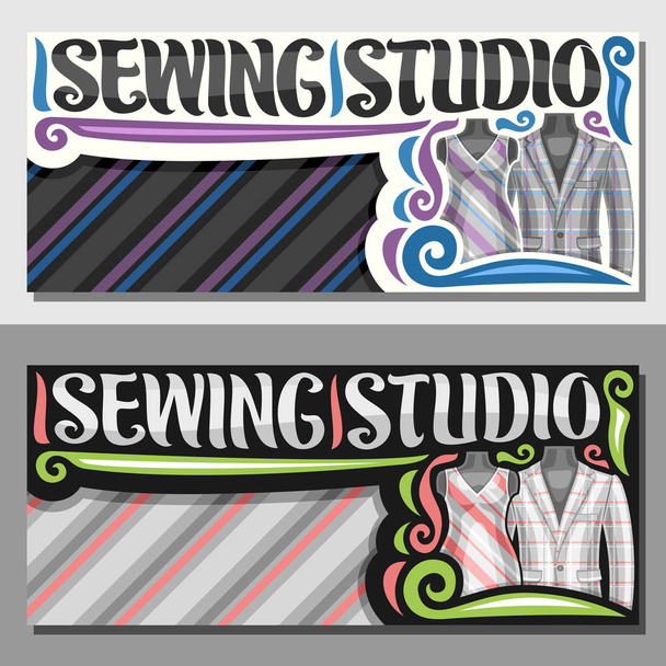 Vector banners for Sewing Studio with copy space, template with flourishes, elegant mens blazer and vintage female dress on dummies, brush lettering for words sewing studio on striped background. - Vector, Image