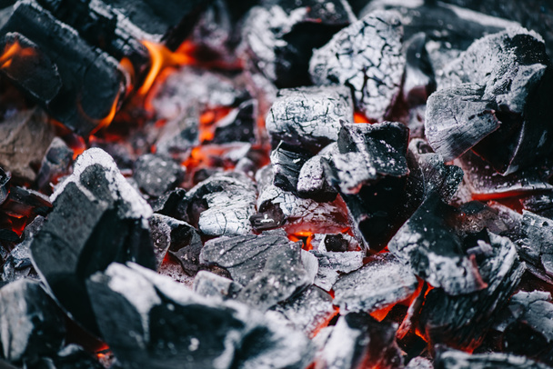 selective focus of hot burning coals in white ash - Photo, Image