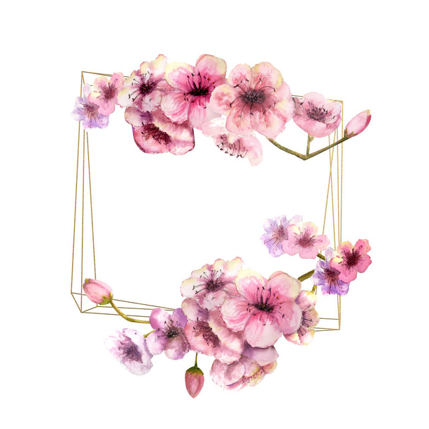 Cherry blossom, Sakura Branch with pink flowers on gold frame and isolated white background. Image of spring. Frame. Watercolor illustration. Design elements - Fotoğraf, Görsel