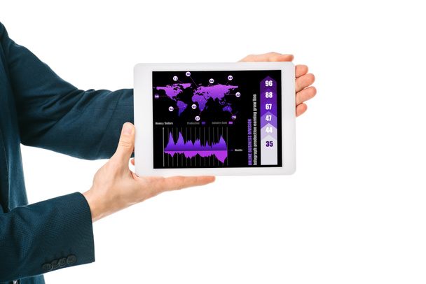 vue recadrée de l'homme d'affaires montrant tablette numérique avec application infographique, isolé sur blanc
  - Photo, image