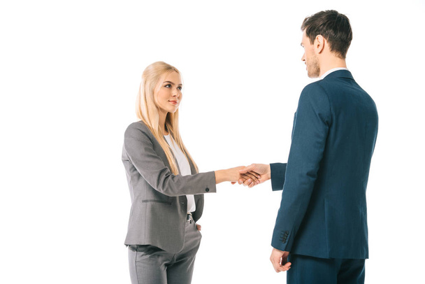 successful businesspeople shaking hands and making deal isolated on white - Φωτογραφία, εικόνα