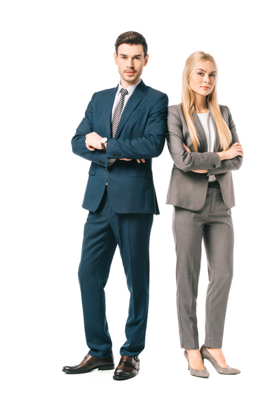 confident business colleagues in suits posing with crossed arms isolated on white - Фото, изображение