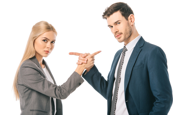 confident professional business colleagues pointing at each other, isolated on white - Fotó, kép