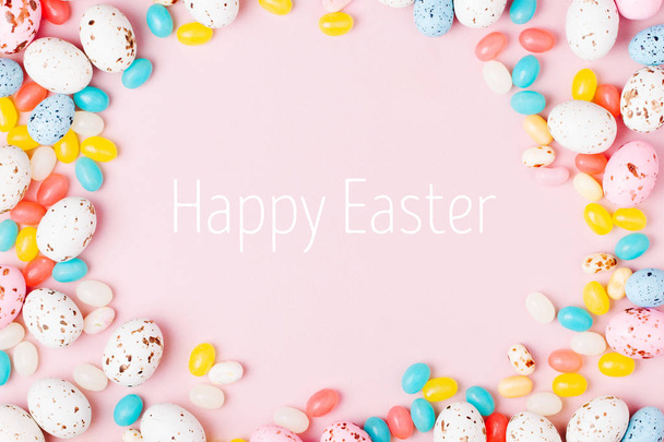 Stylish Candy frame  background.  Easter concept . Flat lay - Фото, изображение